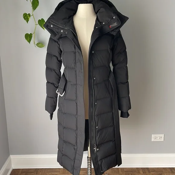 PAJAR AINSLIE Long Belted Puffer Down Coat Parka Jacket, Black, size S/P - Picture 9 of 12